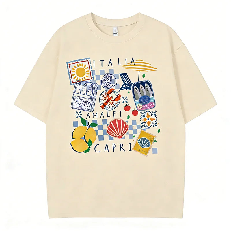 Capri Italia Graphic T-Shirt – Retro Seafood Vacation Tee | Women's Oversized Summer Top