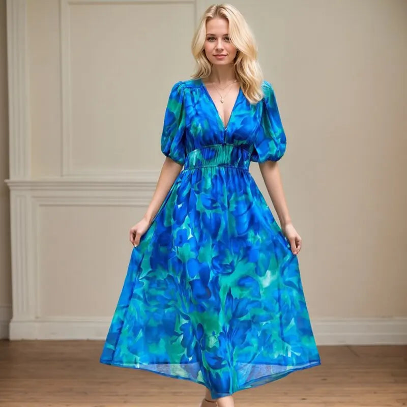 Women's Floral Chiffon Maxi Dress | Lantern Sleeve Summer Beach Dress