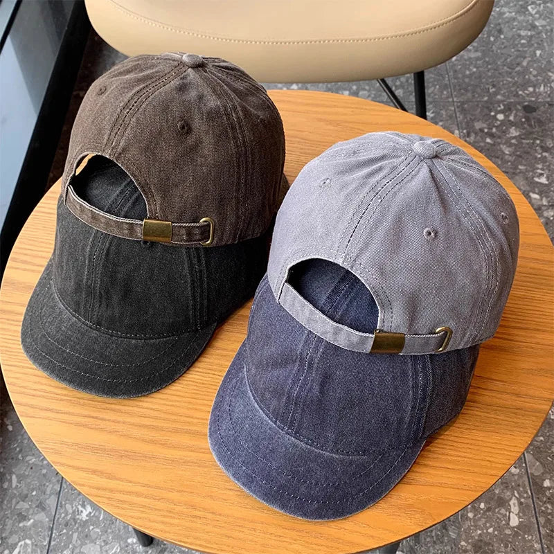 Washed Denim Short Brim Baseball Cap – Unisex Cotton Snapback Visor Hat for Men & Women