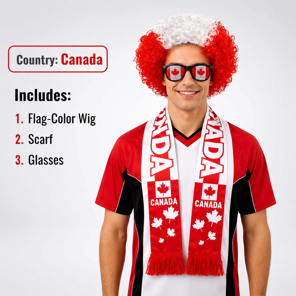 World Cup Fan Wig & Accessories Set | National Team Colors with Scarf & Glasses