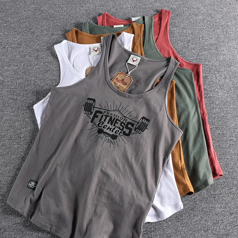 Men's Retro Print Washed Cotton Sleeveless Vest | Casual Sports Tank Top