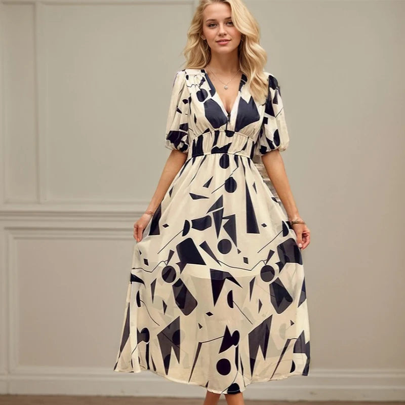 Women's Floral Chiffon Maxi Dress | Lantern Sleeve Summer Beach Dress