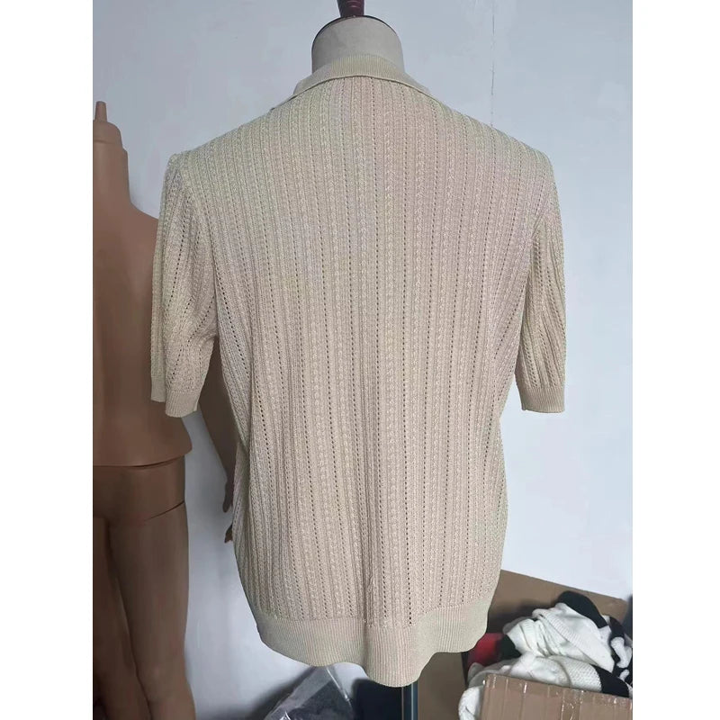 Men's Short-Sleeve Knitted Polo Shirt – Casual Loose Fit with Turn-Down Collar