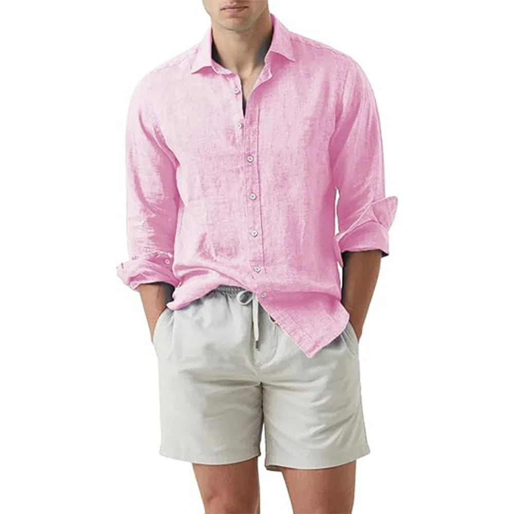Men's Cotton Linen Long Sleeve Beach Shirt | Slim Fit Cardigan Style Turn-Down Collar