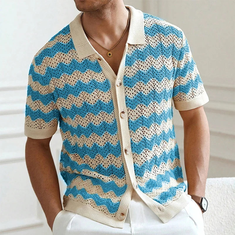 Men's Striped Crochet Knit Cardigan Shirt – Hollow-Out Lapel Button-Up Beach Top