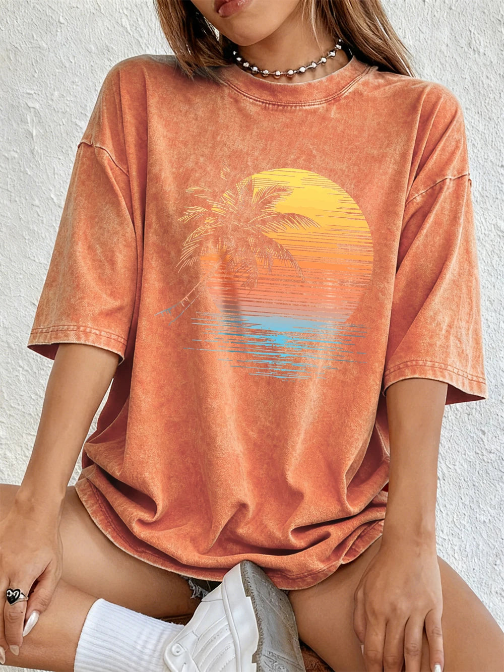 Women's Sunset Coconut Tree Washed Cotton T-Shirt | Oversized Summer Tee | Soft Streetwear Top