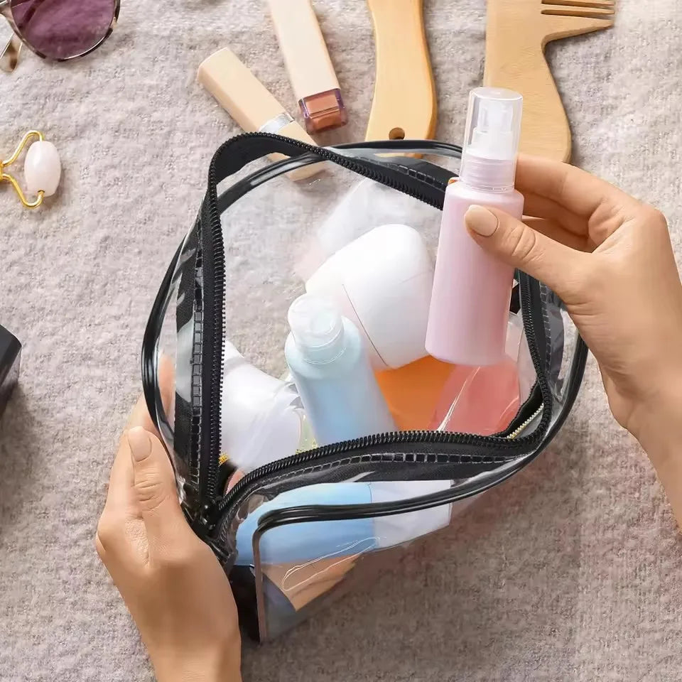 Clear Makeup Bag Set (2 Pcs) – Waterproof PVC Travel Toiletry Pouch for Women