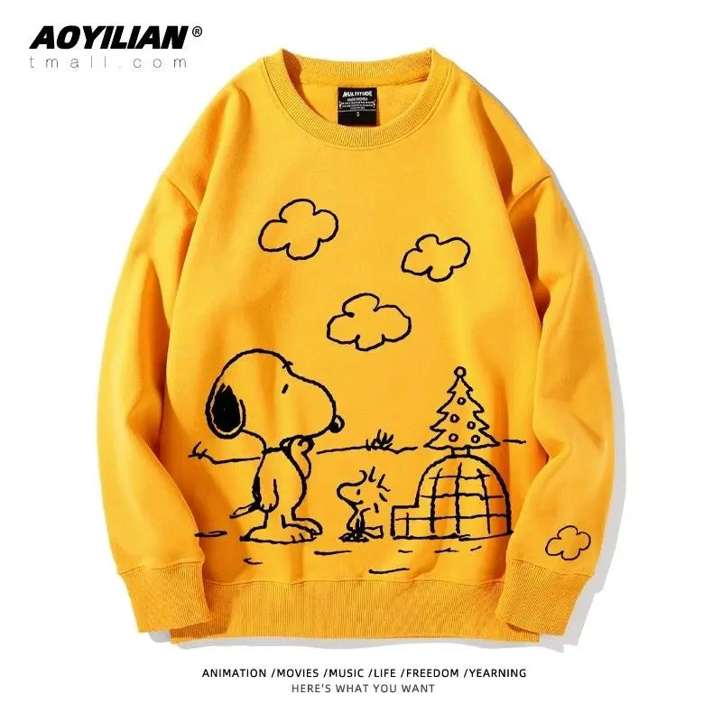 Snoopy Cartoon Fleece-Lined Sweatshirt | Unisex Couples Pullover