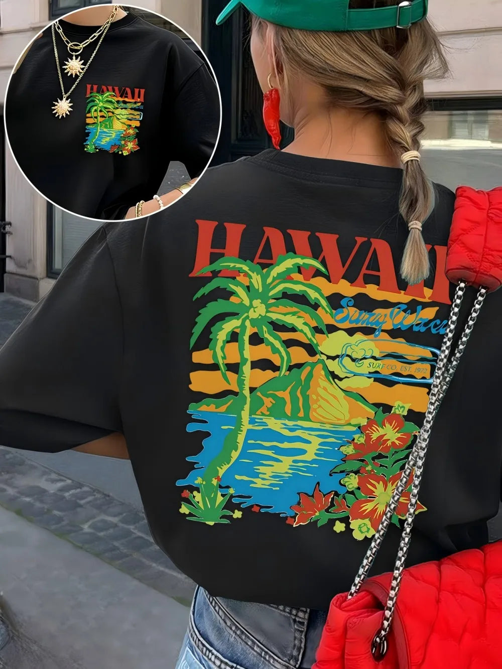 Women's Hawaii Graphic T-Shirt | Tropical Beach Vacation Print Tee | Retro Harajuku Summer Top