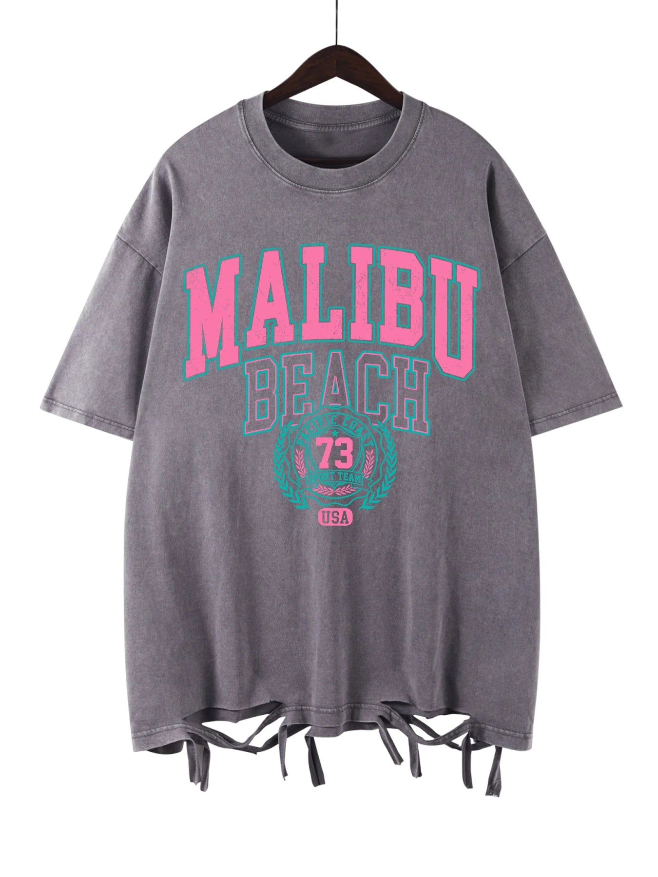 Women's Malibu Beach Washed Oversized T-Shirt – Letter Print 100% Cotton Crewneck Casual Tee (XS-XXL, 17 Colors)