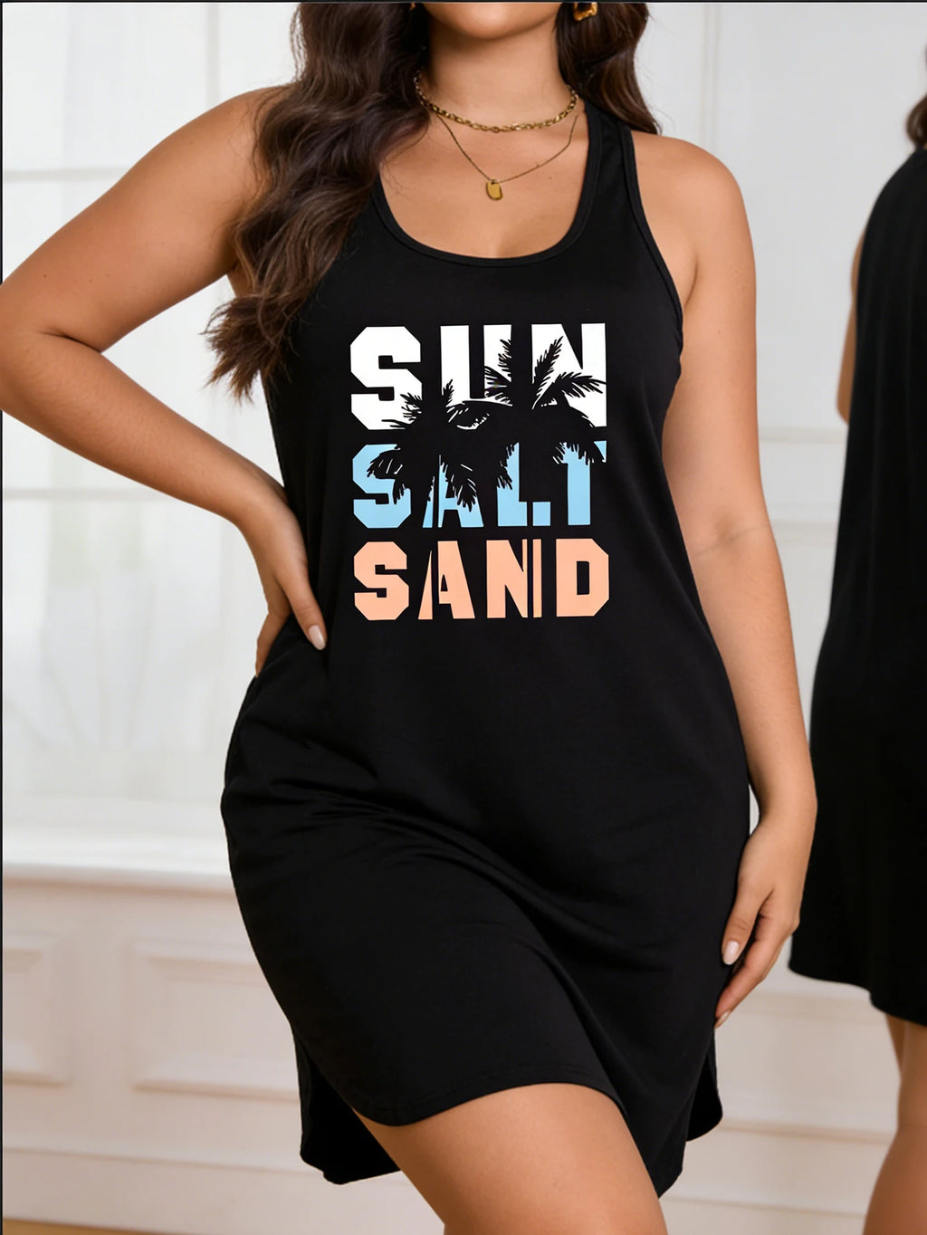 Women's Plus Size Palm Tree Print Casual Dress – Loose Fit Sleeveless Knee-Length Beach Vacation Dress (L-4XL)