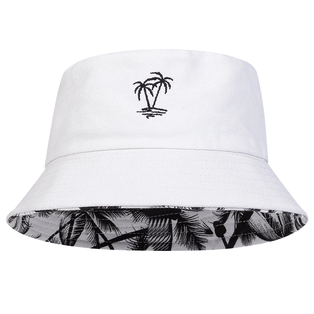 Coconut Tree Embroidery Bucket Hat | Reversible Unisex Fisherman Cap | Outdoor Sun Hat