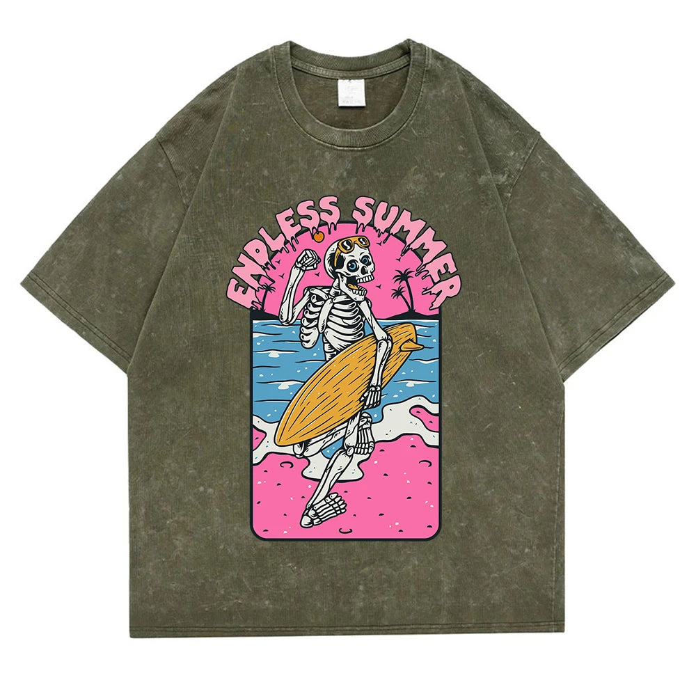 Endless Summer Skeleton Surfing T-Shirt | Washed Retro Graphic Tee | Unisex
