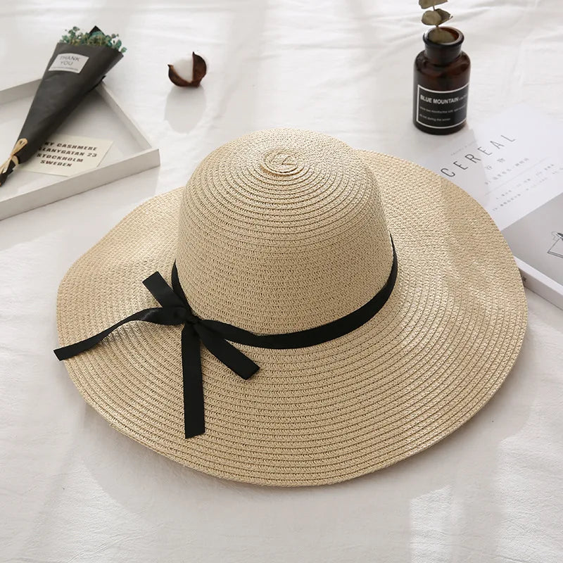 Women's Wide Brim Straw Sun Hat – Foldable Beach Hat with Bow | UV Protection