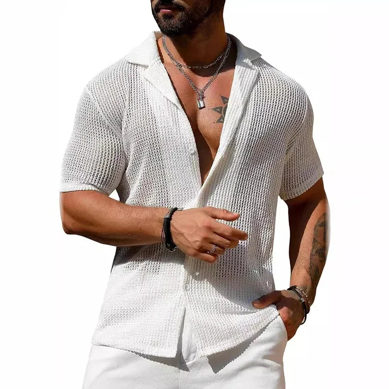 Men's Hollow Knit Beach Shirt – Breathable Short Sleeve Button-Up