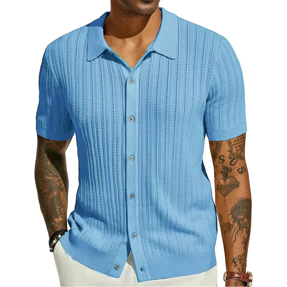Men's Short-Sleeve Knitted Polo Shirt – Casual Loose Fit with Turn-Down Collar
