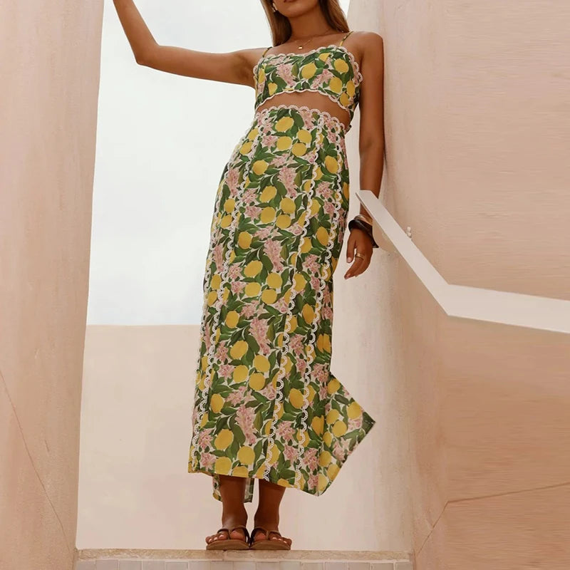 Lemon Print Lace Tank & Skirt Set