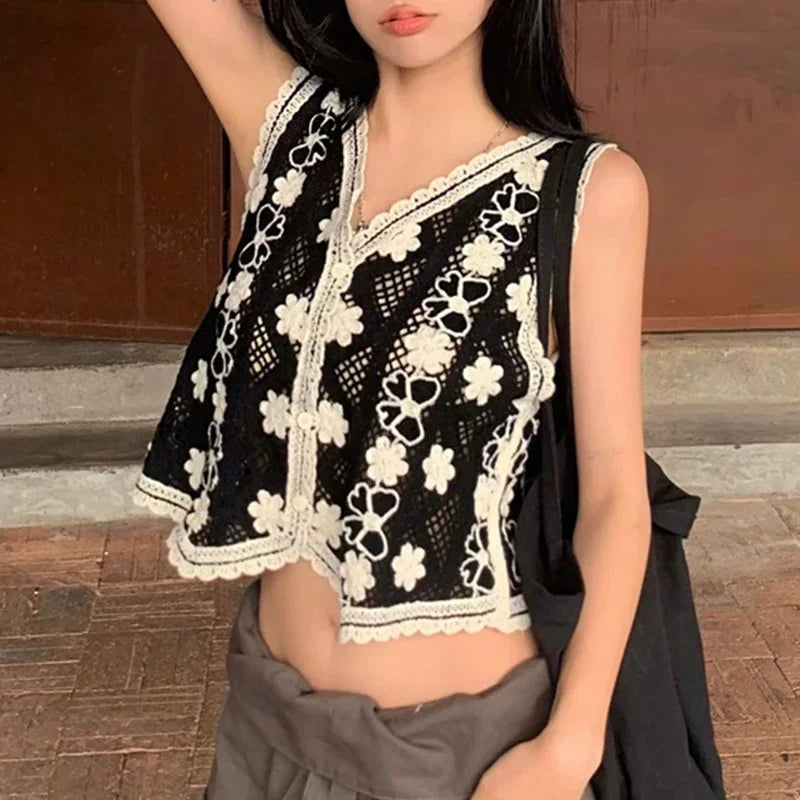 Floral Crochet Vest Top – Sheer Button-Front Sleeveless Jacket