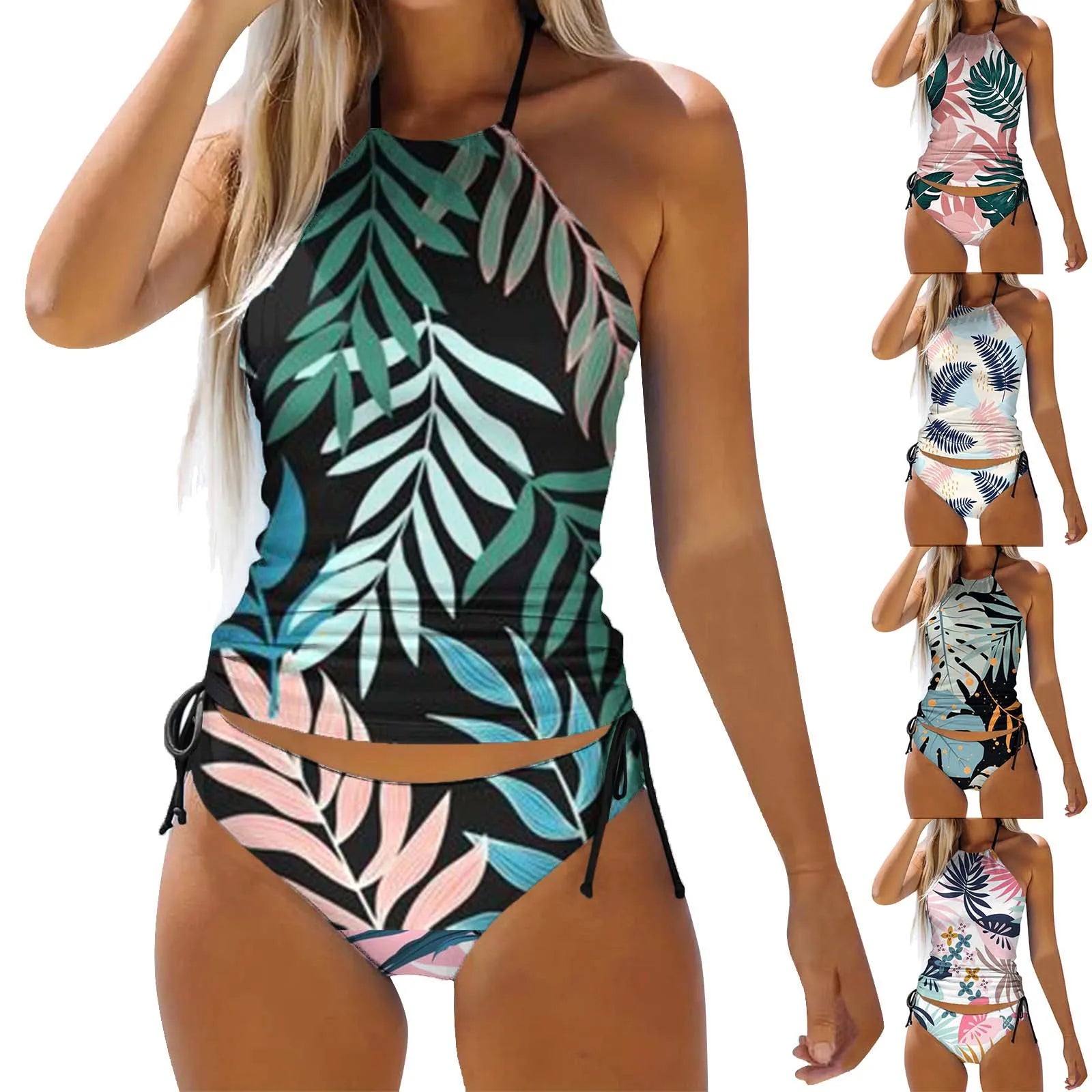 Women's Teal Tropical Floral Tankini Set – High Neck Bikini Top & Board Shorts