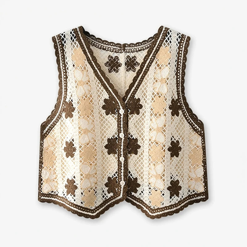Floral Crochet Vest Top – Sheer Button-Front Sleeveless Jacket