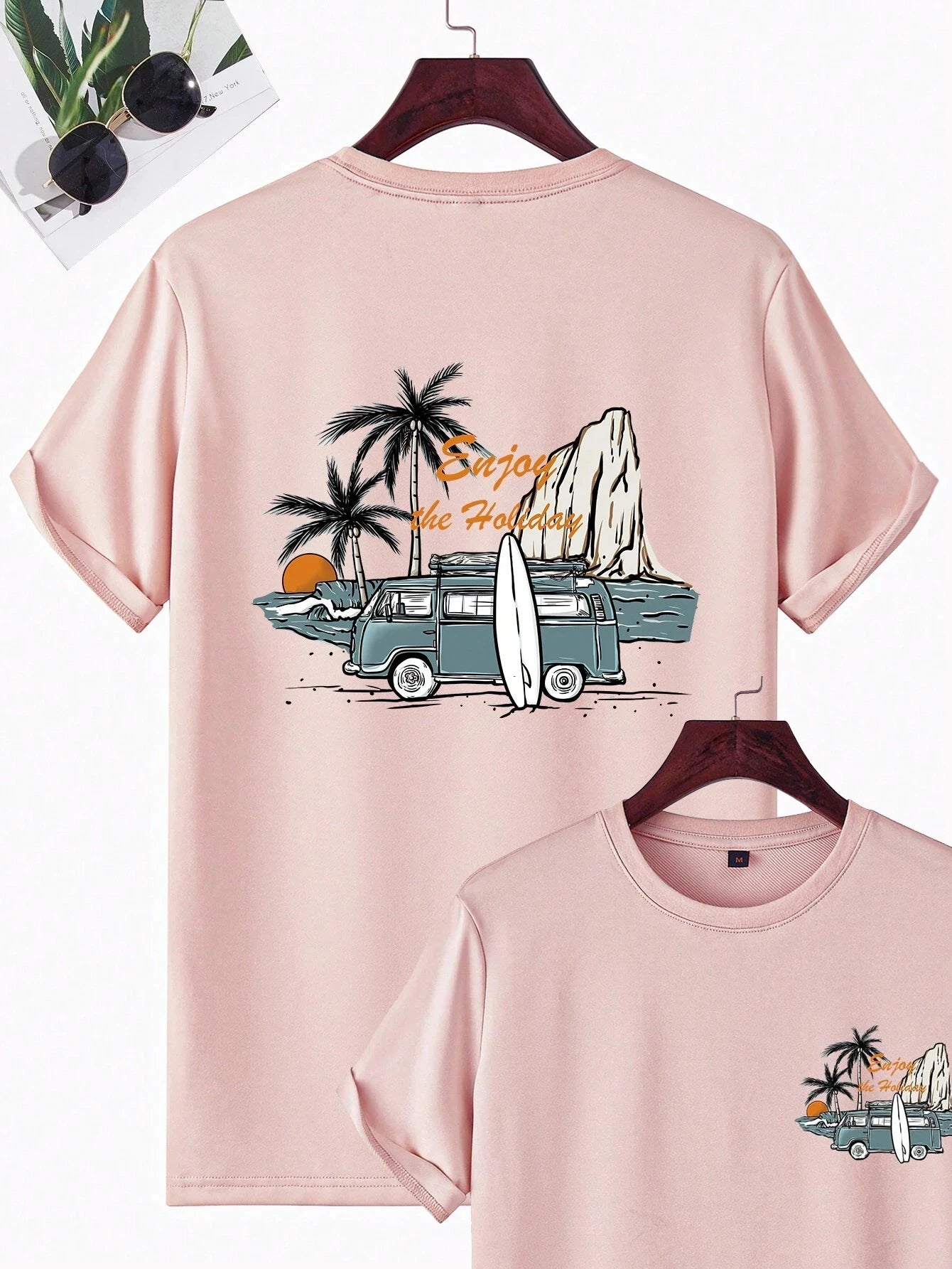 Men's Coconut Tree & Bus Print T-Shirt – 100% Cotton Breathable Beach Vacation Tee