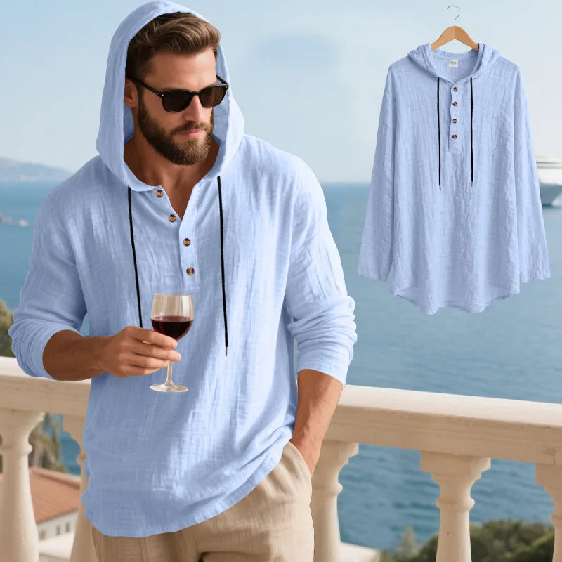 Men's Linen Blend Hooded Long Sleeve Shirt | Breathable Beach Casual Top