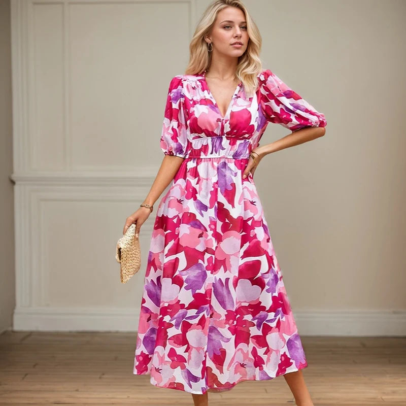 Women's Floral Chiffon Maxi Dress | Lantern Sleeve Summer Beach Dress