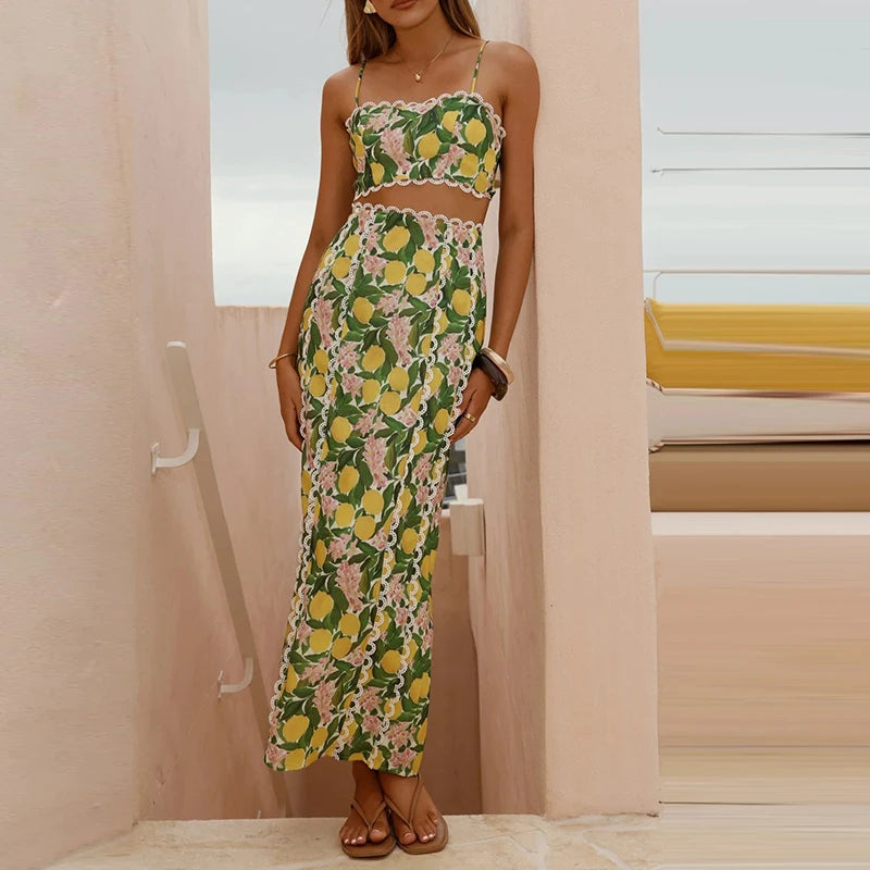 Lemon Print Lace Tank & Skirt Set