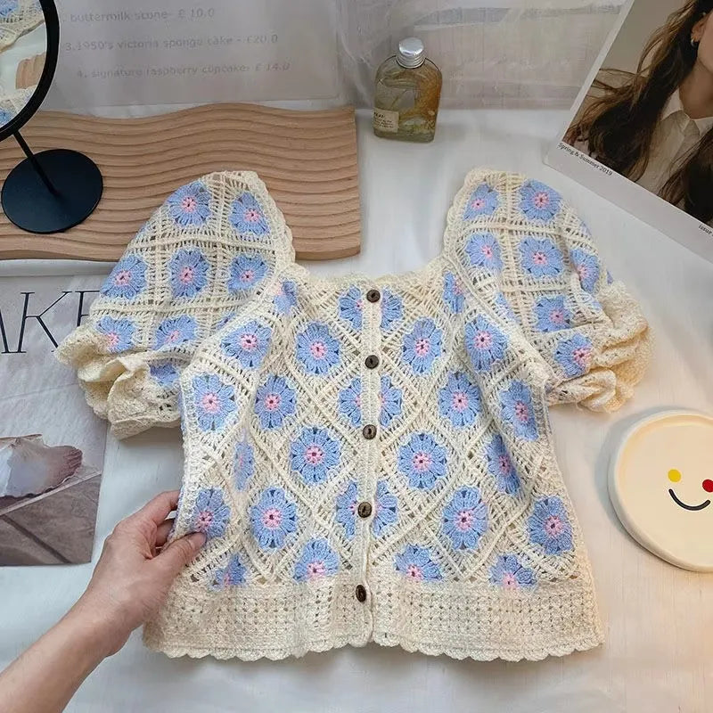 Women's Daisy Embroidered Crochet Crop Top – Puff Sleeve Square Neck Floral Blouse for Summer & Fairycore Aesthetic (One Size)