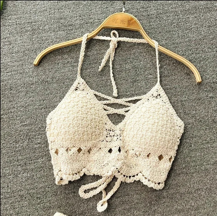 Women's Sexy Halter Neck Crop Top – Tassel & Lace Back Spaghetti Strap Cami with Built-In Bra