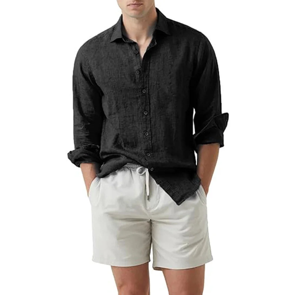 Men's Cotton Linen Long Sleeve Beach Shirt | Slim Fit Cardigan Style Turn-Down Collar
