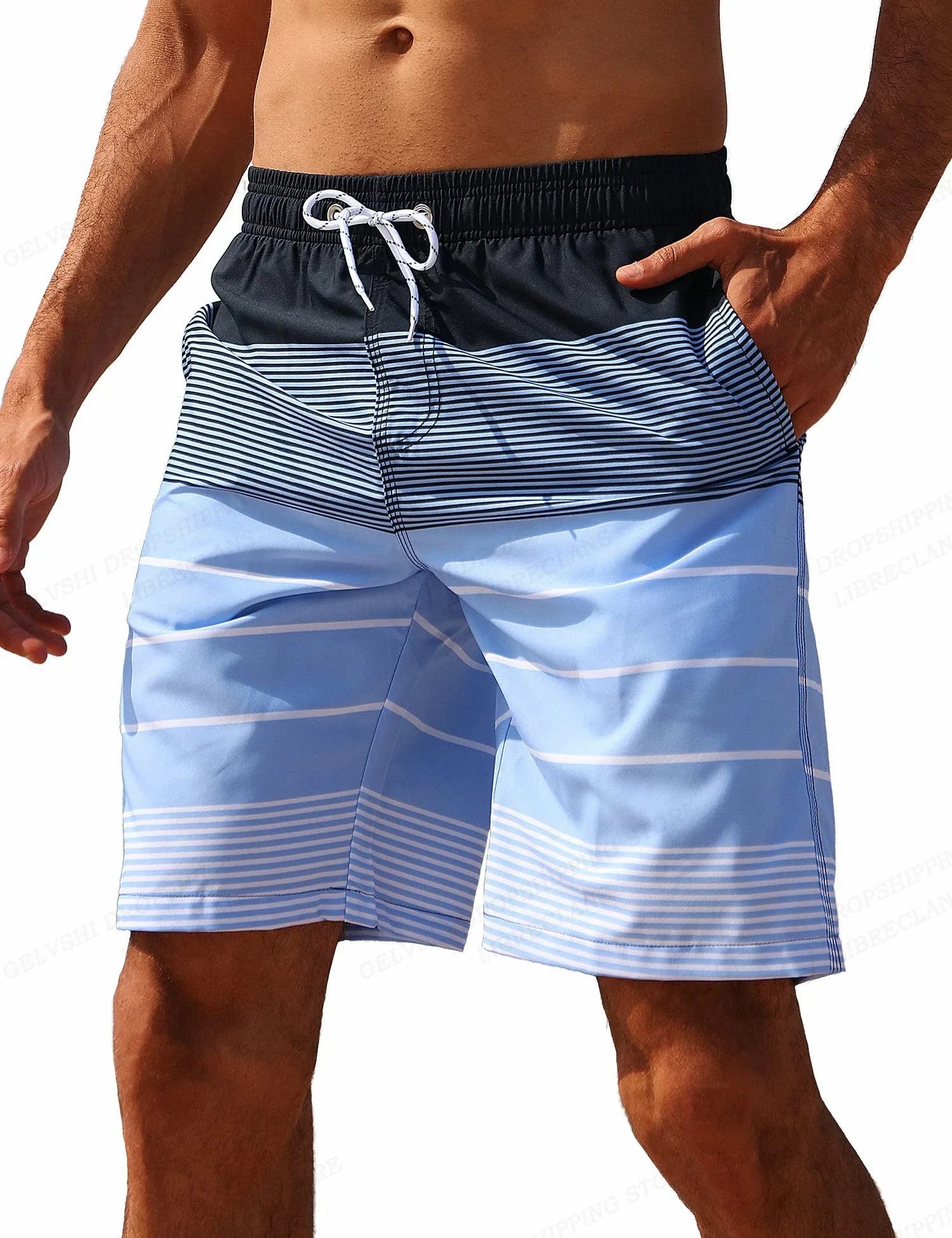 Men's Striped Board Shorts – Lightweight Swim Trunks for Beach