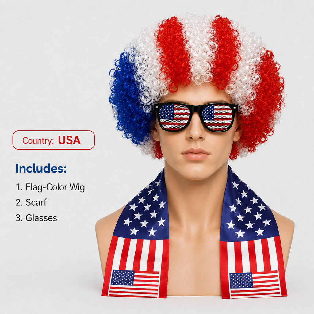 World Cup Fan Wig & Accessories Set | National Team Colors with Scarf & Glasses