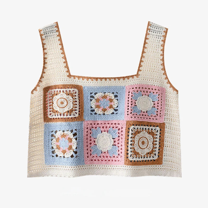 Women's Granny Square Crochet Crop Top – Floral Embroidery Open-Knit Cami for Summer