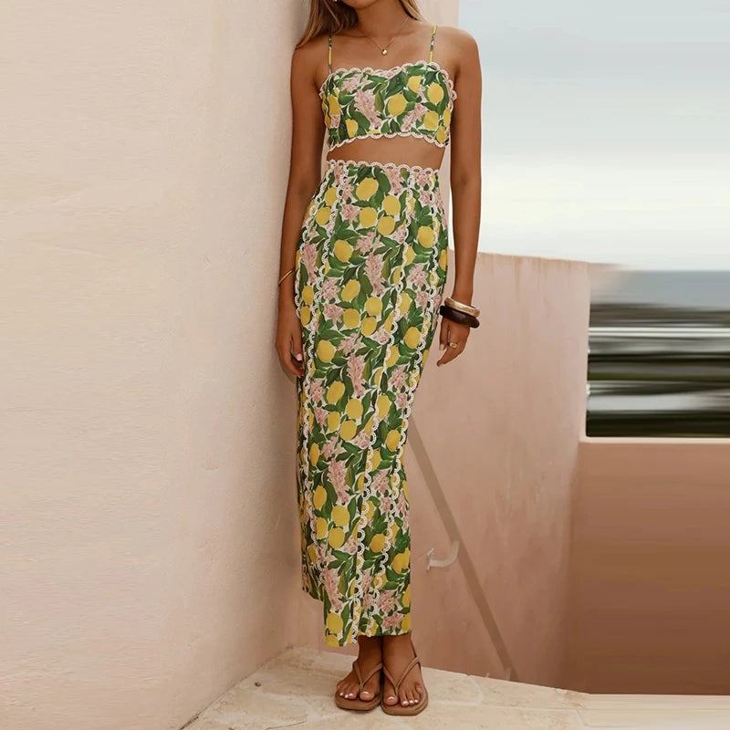 Lemon Print Lace Tank & Skirt Set