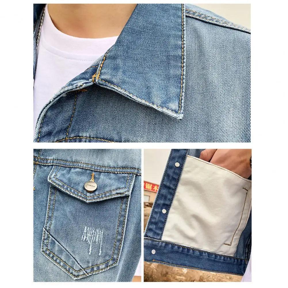 Men's Ripped Denim Vest – Sleeveless Waistcoat with Pockets & Lapel Collar