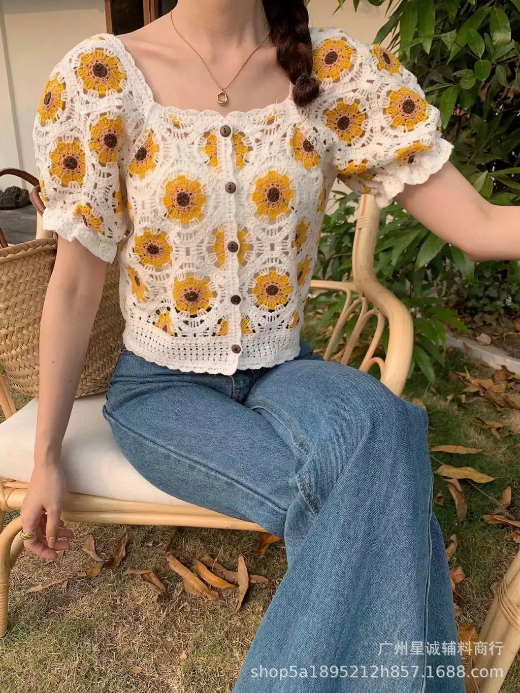 Women's Daisy Embroidered Crochet Crop Top – Puff Sleeve Square Neck Floral Blouse for Summer & Fairycore Aesthetic (One Size)