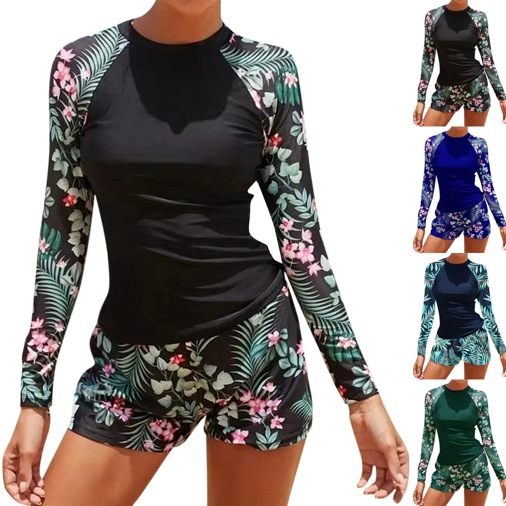 Women's Long Sleeve Two-Piece Surf Swimsuit | Floral Print Rash Guard Set