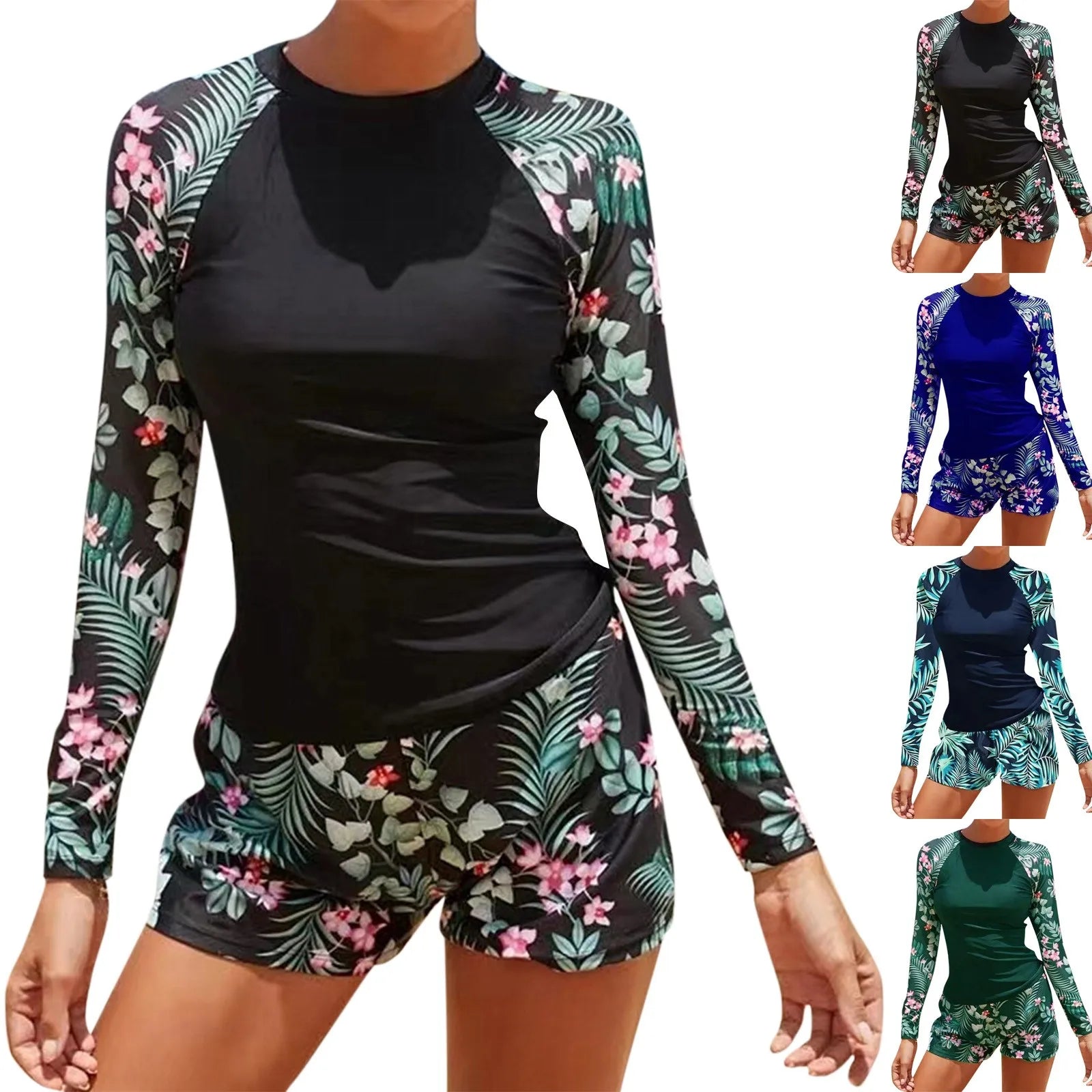 Women's Long Sleeve Two-Piece Surf Swimsuit | Floral Print Rash Guard Set