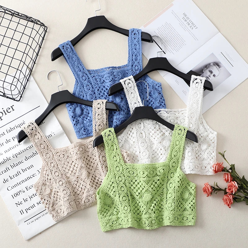 Women's Crochet Crop Top | Square Neck Backless Knit Vest