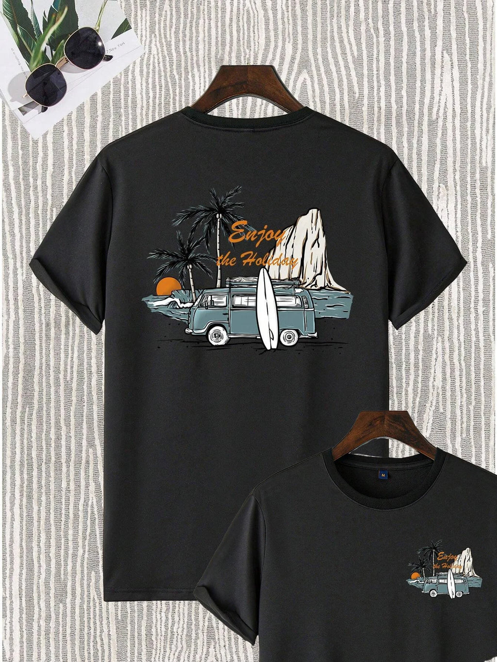 Men's Coconut Tree & Bus Print T-Shirt – 100% Cotton Breathable Beach Vacation Tee