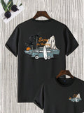 Men's Coconut Tree & Bus Print T-Shirt – 100% Cotton Breathable Beach Vacation Tee