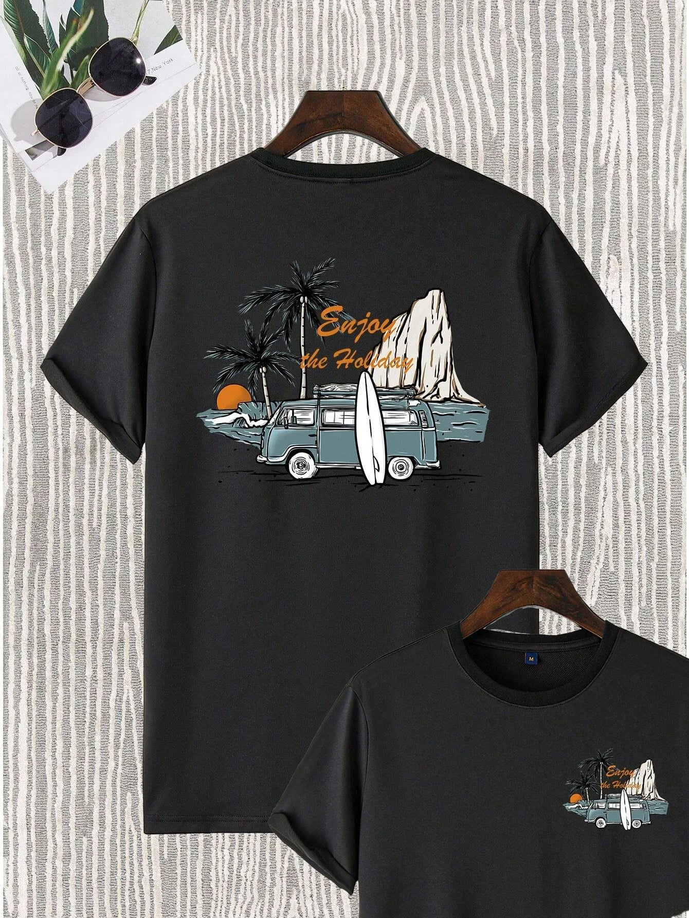 Men's Coconut Tree & Bus Print T-Shirt – 100% Cotton Breathable Beach Vacation Tee