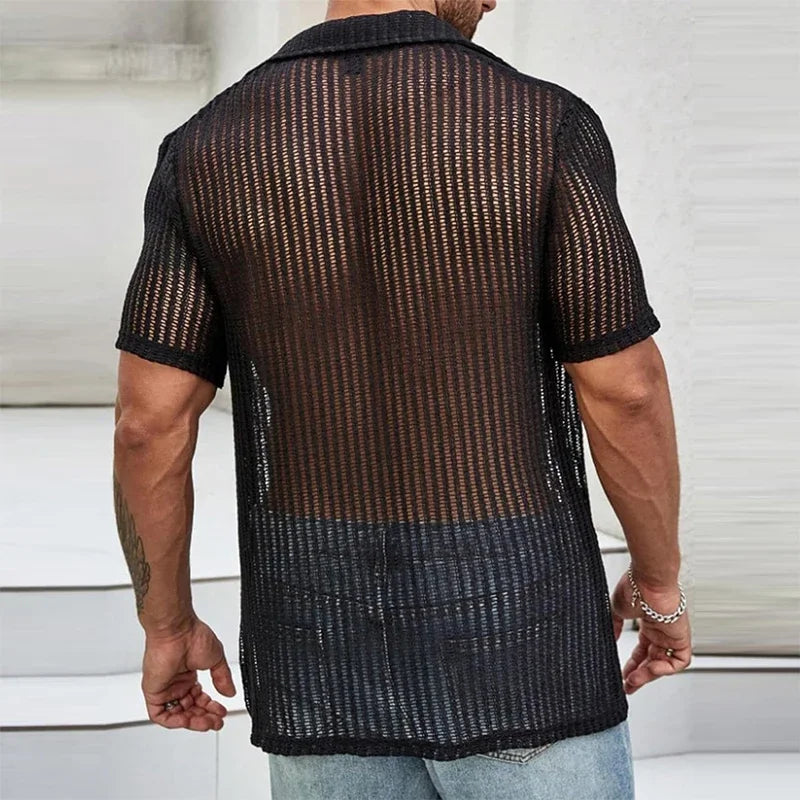 Men's Hollow Knit Beach Shirt – Breathable Short Sleeve Button-Up