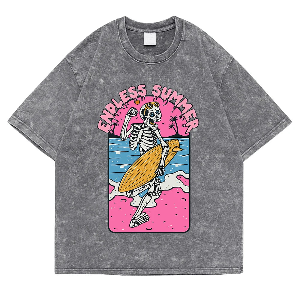 Endless Summer Skeleton Surfing T-Shirt | Washed Retro Graphic Tee | Unisex