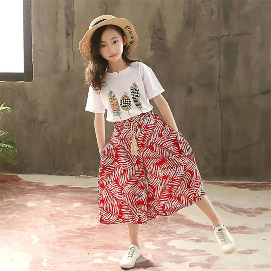 Girls Summer Clothing Set – Short Sleeve Top & Pants (Sizes 4T–13T)