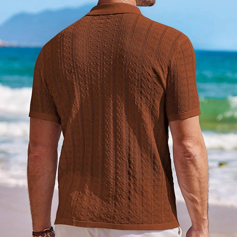 Men's Cuban Collar Knit Polo Shirt – Short Sleeve Striped Viscose Knitwear