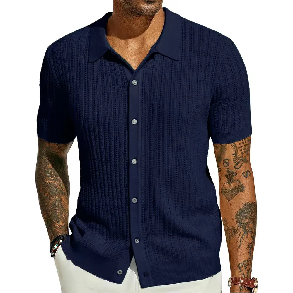Men's Short-Sleeve Knitted Polo Shirt – Casual Loose Fit with Turn-Down Collar
