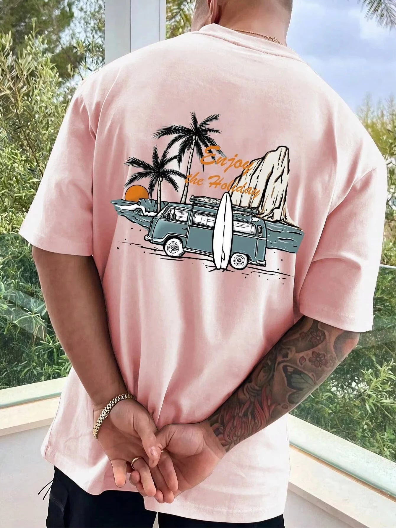 Men's Coconut Tree & Bus Print T-Shirt – 100% Cotton Breathable Beach Vacation Tee