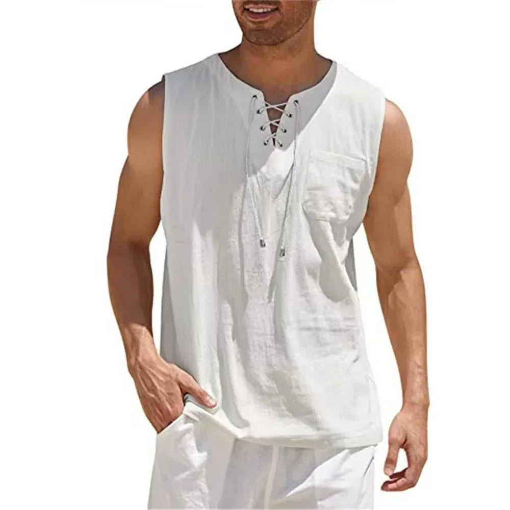 Men's Cotton Linen Sleeveless Vest – Retro V-Neck Lace-Up Tank Top, Loose Fit